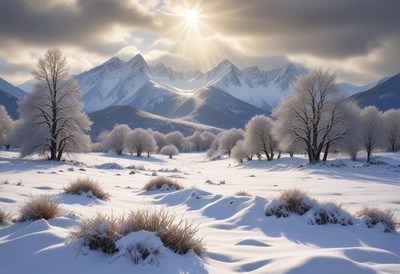 A snowy mountain landscape with trees covered in frost