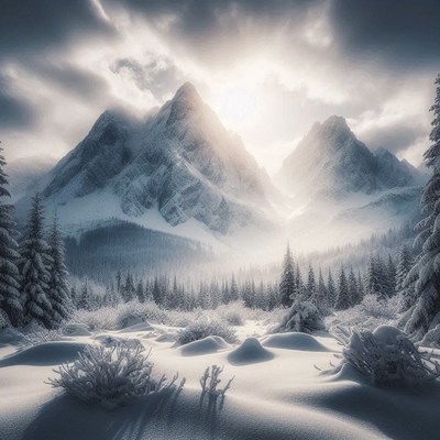 Snowy mountains stand tall in the winter landscape