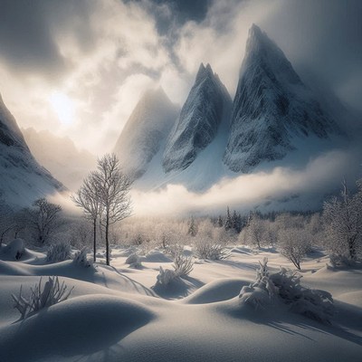 Snowy mountains rise above a wintery valley