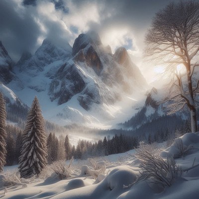 A snowy mountain range with a forest in the foreground