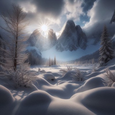 The sun shines through the clouds in a snowy valley