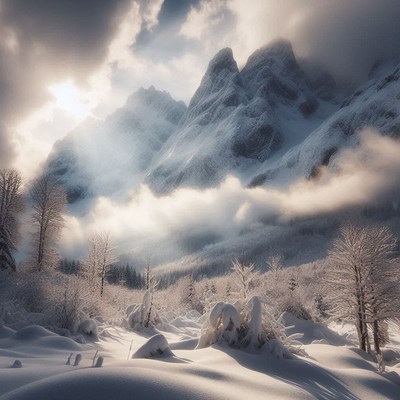 Snow-covered mountains peak through the clouds