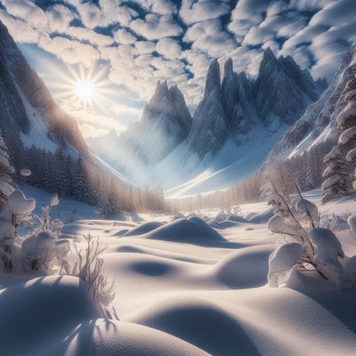 Sunlight shines over a snowy valley in the alps