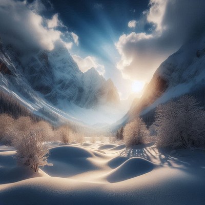 Snow-covered mountains rise on either side of a valley