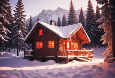 A cozy cabin sits nestled in the snow-covered forest