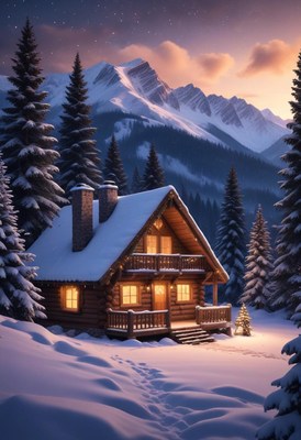 A cozy cabin nestled in the mountains under a snowy sky