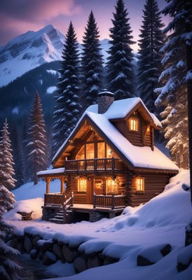 A cozy cabin sits nestled in the snowy mountains