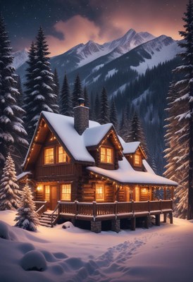 A cozy cabin glows in the snowy mountains at night