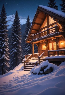A cozy cabin nestled in the snowy mountains at night