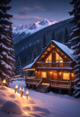 A cozy cabin sits in a snowy mountain valley