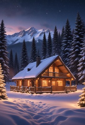 A cozy cabin nestled in a snowy forest at night