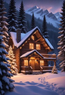 A cozy cabin nestled in the snow-covered mountains