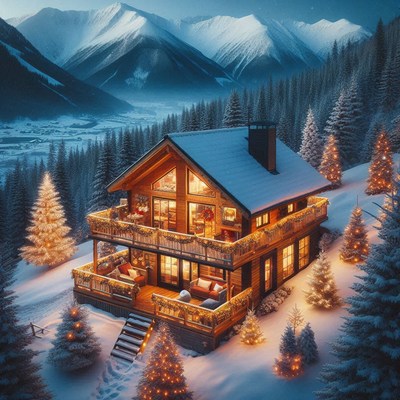 A cozy cabin nestled in the snowy mountains