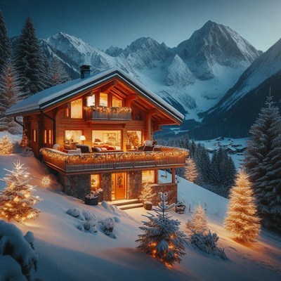 A cozy cabin in the mountains with christmas lights
