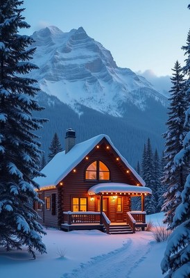 A cozy cabin nestled in the snow-covered mountains
