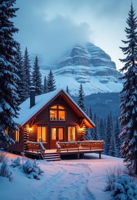 A cozy cabin rests in the snowy mountains