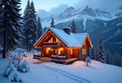 A cozy cabin sits in the snowy mountains at dusk