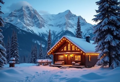 A cozy cabin nestled in the snow with a mountain view