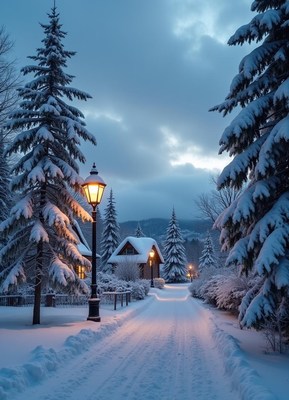 A snowy path leads to a small cabin in the woods