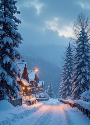 Snowy street with houses and trees at dusk