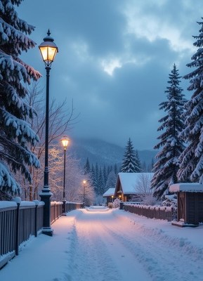A snowy path in a winter village at dusk