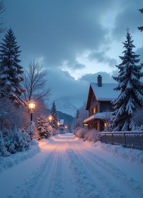 A snow-covered street in a mountain village at dusk