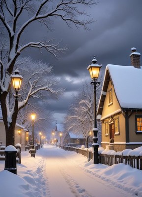 A snowy street lit by streetlights in a small town