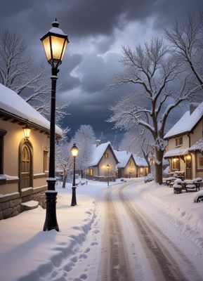 A snowy street lit by lampposts in a quaint town