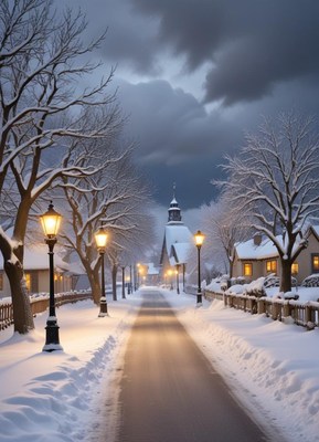 A snowy street lined with lampposts in a european town