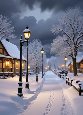 A snowy street in a small town at night
