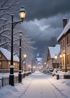 A snowy street lined with lampposts glows in the twilight