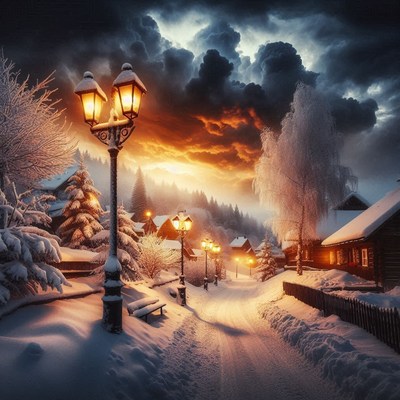 A snowy village street at dusk, illuminated by lampposts