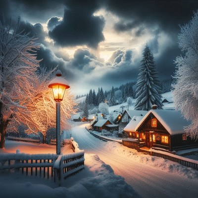 A snowy village street lit by a lamppost at dusk