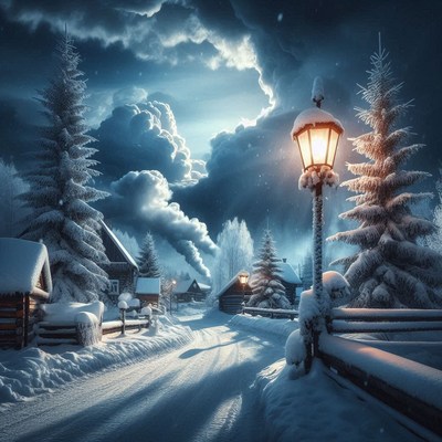 A snowy village street lit by a lamppost under a cloudy sky