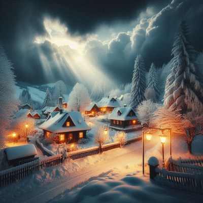 A small village sits nestled in a snowy forest