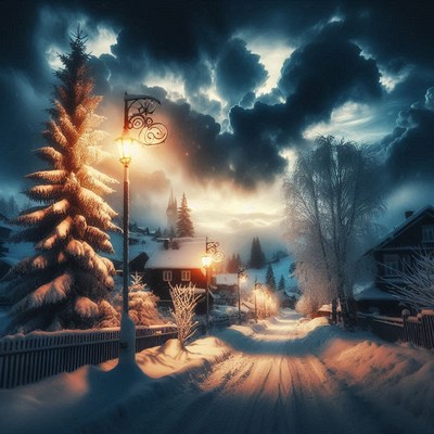 A snowy village street lit by streetlights at dusk