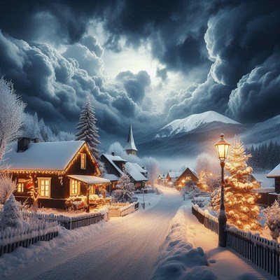 A snow-covered village street with houses and a church