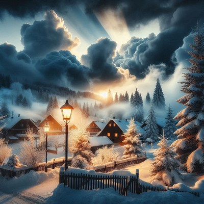 Snowy village at dusk with lit street lamps