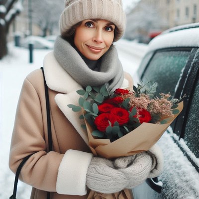 Woman in winter coat holds red roses in snow