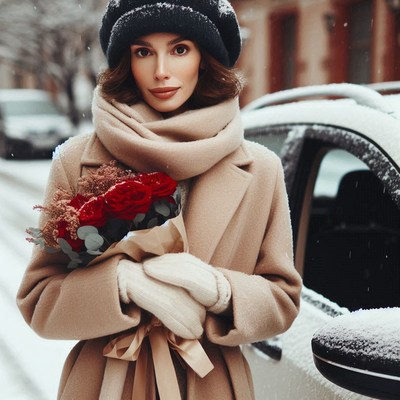 A woman is standing outside in the snow