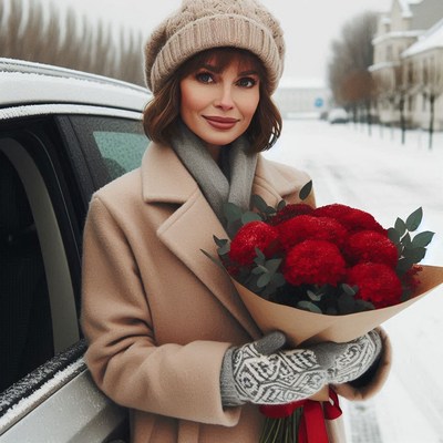 A woman in a winter coat holds a bouquet of red flowers