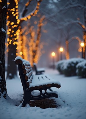 A snowy park bench sits beneath string lights at dusk