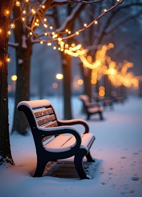 A snowy bench sits under twinkling lights in a winter park