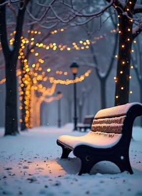 A snowy bench sits beneath twinkling lights in a winter park