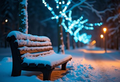 A snowy bench sits under blue lights in a winter park