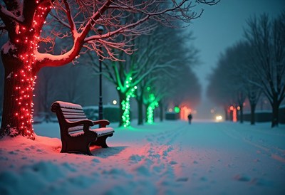 A snowy park bench is lit by red christmas lights
