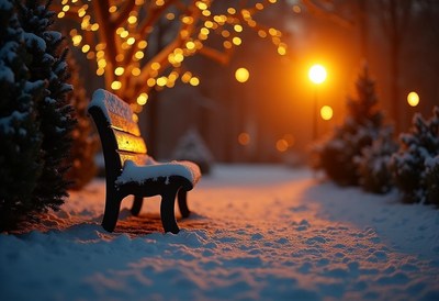 A snow-covered bench sits in a park at night