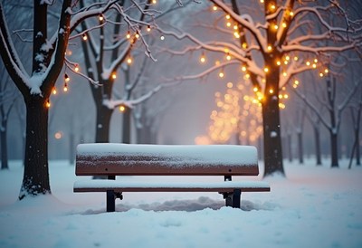 A snow-covered bench sits under twinkling lights in a park