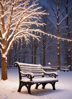 A snowy bench sits in a park at dusk