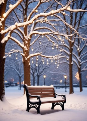 A snowy bench sits under twinkling lights in a park